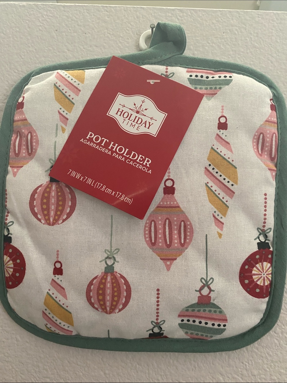 Holiday Time Pink & Green Ornament Print Pot Holder